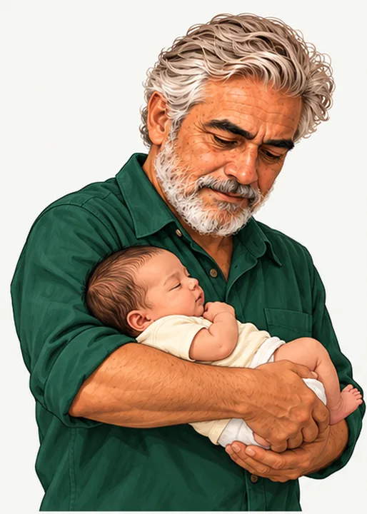 Pai segurando um recém-nascido na posição berço, com a cabeça apoiada na dobra do cotovelo