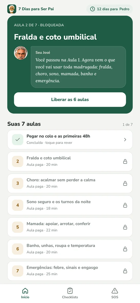 Tela inicial do app com as 7 aulas